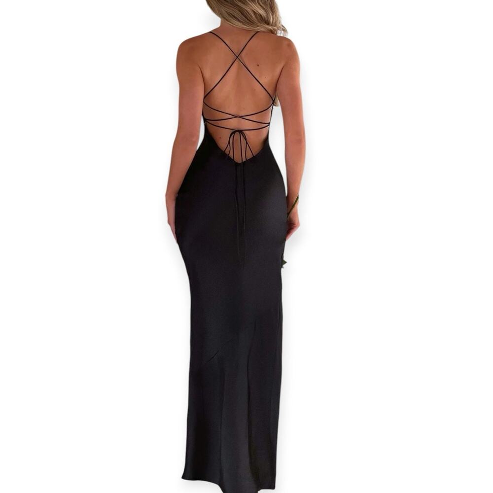 NWT Babyboo Misha Maxi Dress Black Satin Size XS Cowl Neck - Picture 2 of 6